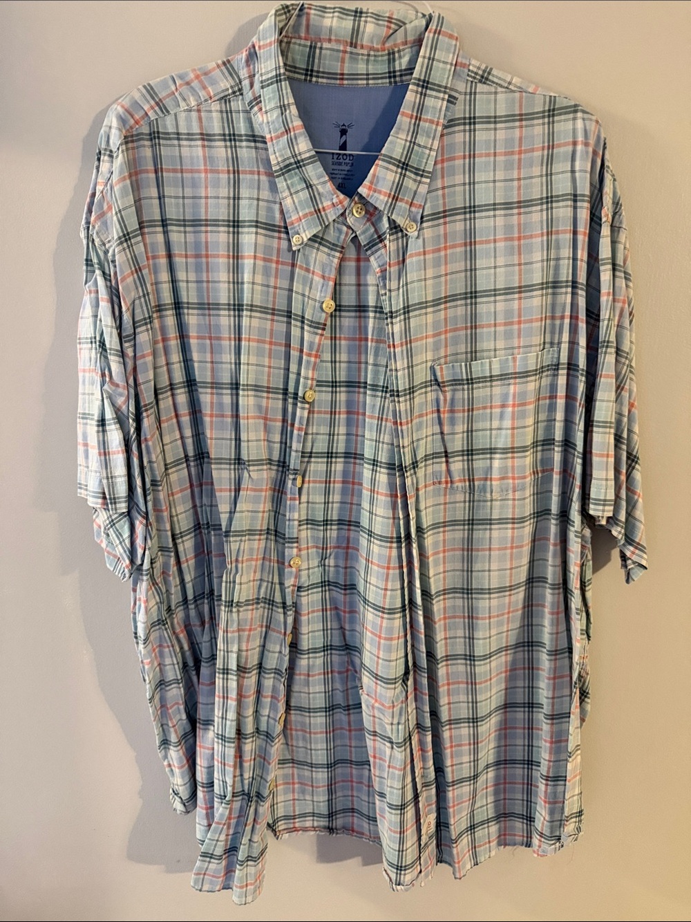 Izod Men’s Short-Sleeve Plaid Button-Down Shirt in Light Blue and Coral
